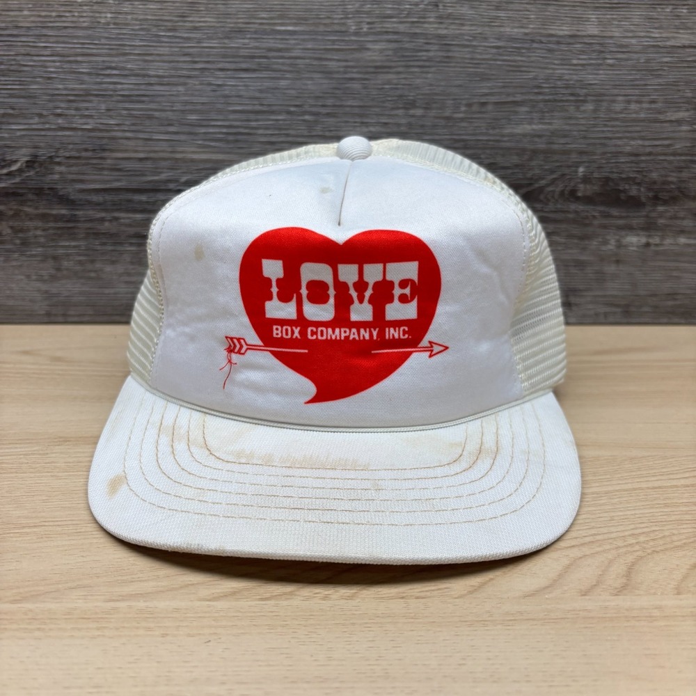 Vintage Love Box Company Hat Cap Snap Back White Heart Logo Trucker Mesh 80s 90s